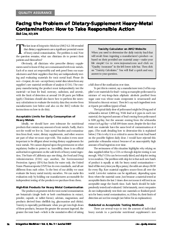 Quality Assurance Facing the Problem of DietarySupplement HeavyMetal
