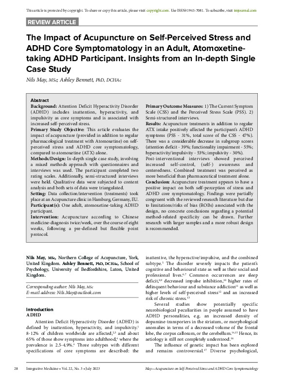 The Impact of Acupuncture on Self-Perceived Stress and ADHD Core Symptomatology in an Adult, Atomoxetine-taking ADHD Participant. Insights from an In-depth Single Case Study