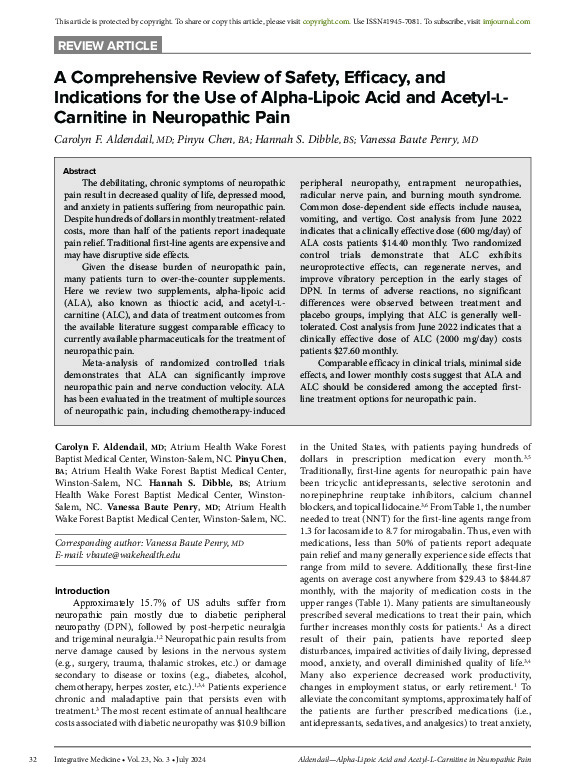 A Comprehensive Review of Safety, Efficacy, and Indications for the Use of  Alpha-Lipoic Acid and Acetyl-L-Carnitine in Neuropathic Pain