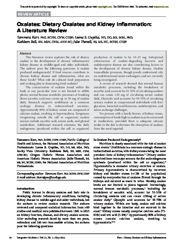 Oxalates: Dietary Oxalates and Kidney Inflammation: A Literature Review