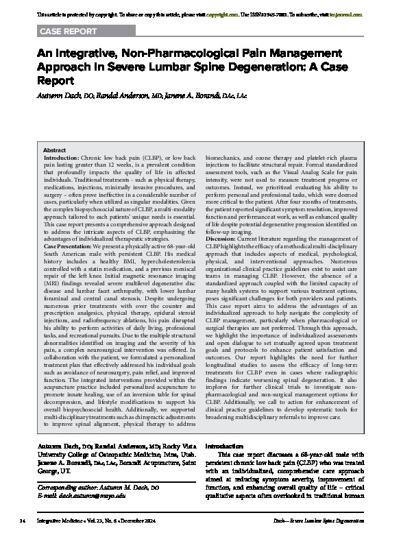 An Integrative, Non-Pharmacological Pain Management Approach In Severe Lumbar Spine Degeneration: A Case Report