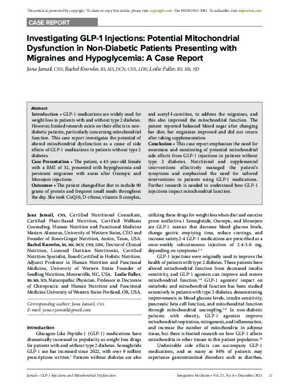 Investigating GLP-1 Injections: Potential Mitochondrial Dysfunction in Non-Diabetic Patients Presenting with Migraines and Hypoglycemia: A Case Report