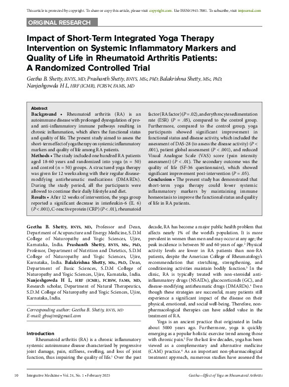 Impact of Short-Term Integrated Yoga Therapy Intervention on Systemic Inflammatory Markers and Quality of Life in Rheumatoid Arthritis Patients: A Randomized Controlled Trial