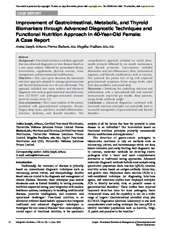 Improvement of Gastrointestinal, Metabolic, and Thyroid Biomarkers through Advanced Diagnostic Techniques and Functional Nutrition Approach in 40-Year-Old Female: A Case Report