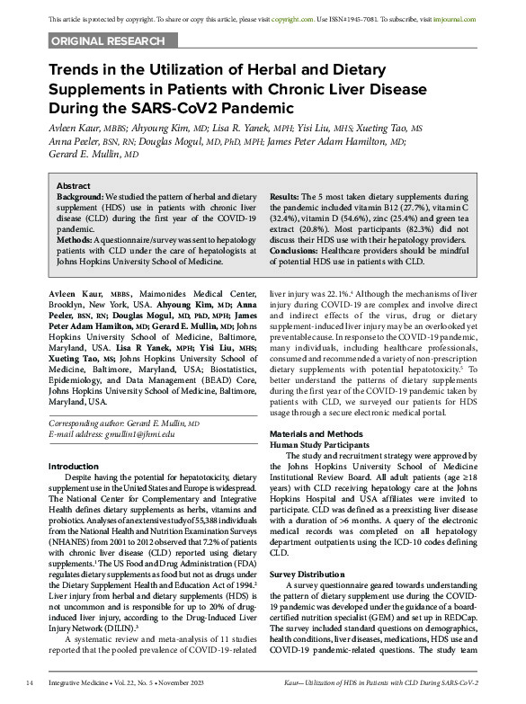 Trends in the Utilization of Herbal and Dietary Supplements in Patients with Chronic Liver Disease During the SARS-CoV2 Pandemic