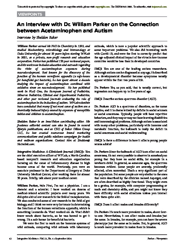 An Interview with Dr. William Parker on the Connection between Acetaminophen and Autism